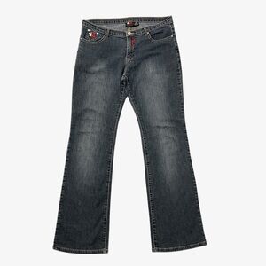 Mecca Femme Low Rise Boot Cut Jeans Size 13/14 Dark Blue Black Denim Embroidered